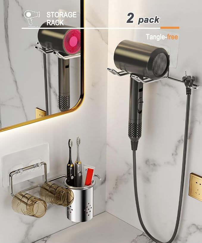 2 Pack Hair Dryer Holder, Self Adhesive Wall Mount Waterproof Blow Dryer Rack Storage Organizer Hanger, Compatible with Dyson and Most Hair Blower Appliance, Brush, Curling Iron, Straightener