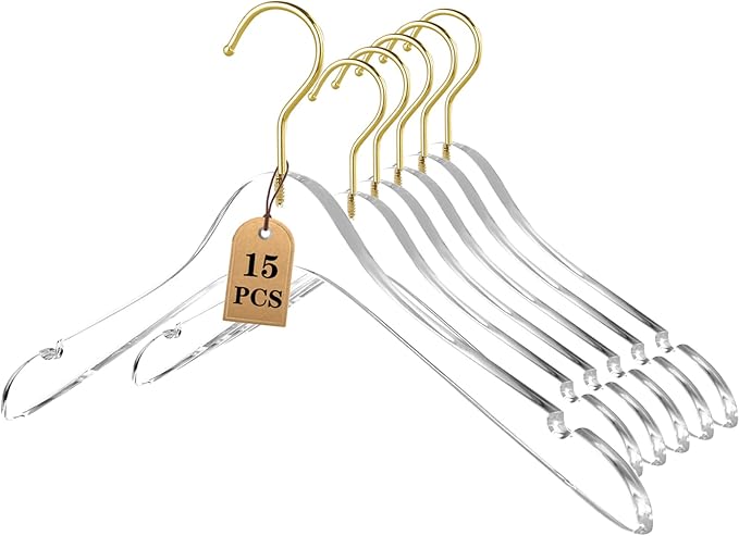 Besser 15 Pack Acrylic Hangers with Gold,Acrylic Clear Hanger,Premium Crystal Dress Hangers Swivel Gold Hook Luxurious Shiny Clothes Hangers(Clear-Style B)