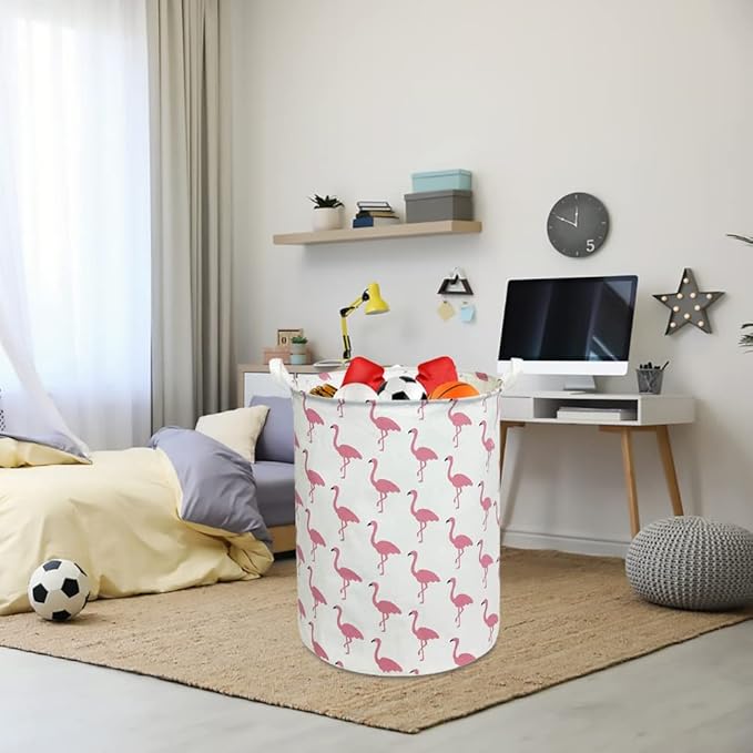 CLOCOR Large Pink Flamingo Laundry Hamper, Baby Girl Laundry Basket,Kids Toy Storage Bins,Nursery Decor,Bedroom,Bathroom,Gift Basket (White Flamingo)