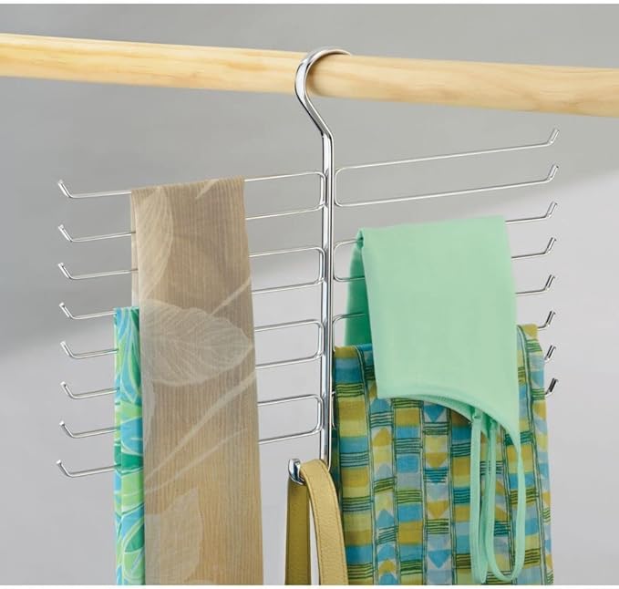 mDesign Metal Closet Rod Hanging Accessory Storage Organizer Rack for Scarves, Ties, Yoga Pants, Leggings, Tank Tops - Snag Free, Geometric Design, 16 Arms/1 Hook - Spira Collection - Chrome