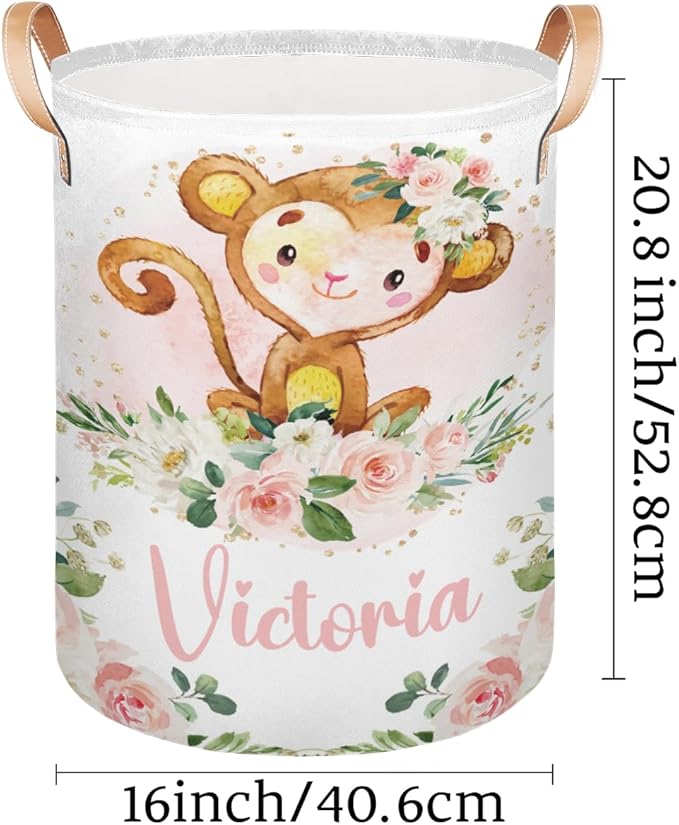 Personalized Laundry Basket, Custom Gift Laundry Hamper, Collapsible Nursery Waterproof Laundry Baskets, Dirty Clothes Toy Hamper with Handles Cute Girly Monkey