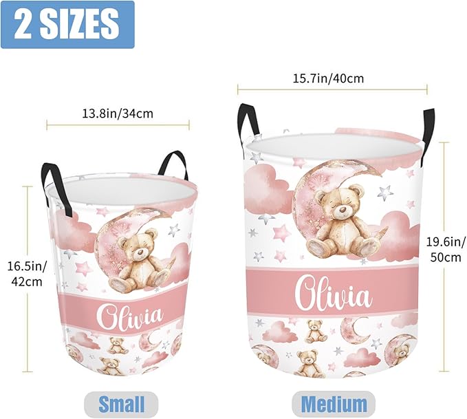 Personalized Name Baby Laundry Hamper for Nursery Boys Girl, Custom Bear Laundry Baskets for Toddler Kids Adults, Baby Name Laundry Hamper with Handles Personalized Gift