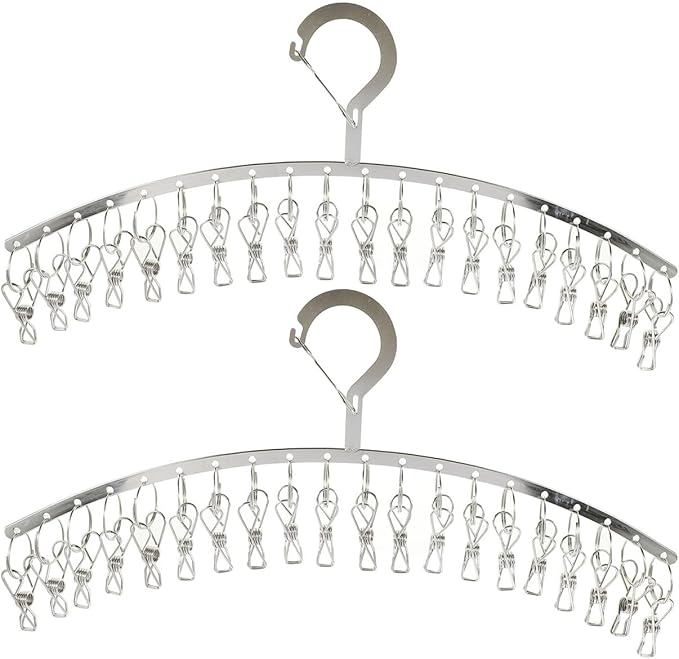 PRETYZOOM 2 Pack Laundry Drying Rack with 20 Clips, Stainless Steel Clothes Hanger, Windproof Drying Rack for Socks, Underwear, Scarves, Diapers