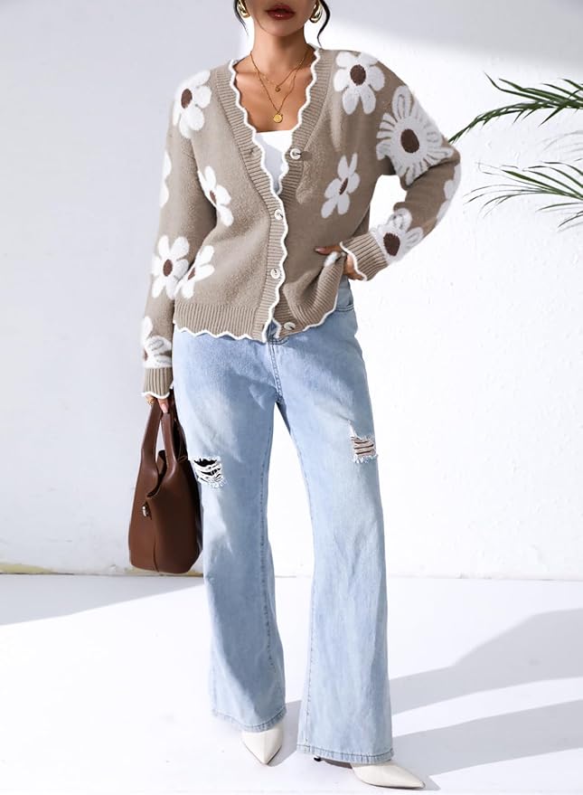 Pink Queen Fuzzy Sweater Cardigan for Women 2025 Fashion Long Sleeve Flower Outerwear Button Down Open Front Cardigan Coat