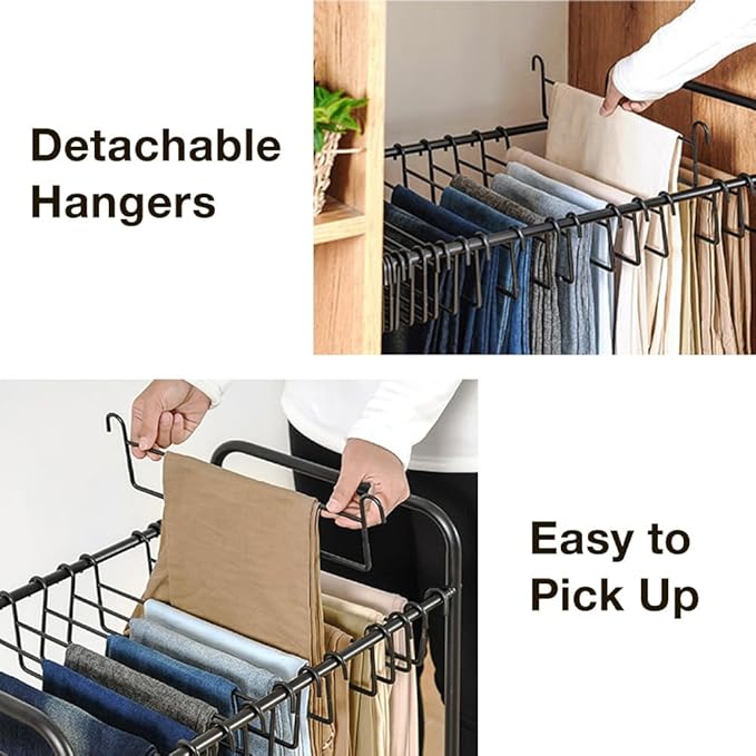 Japard Pants Organizer Rack Trolley with 24 Double Hangers Rolling Trouser Metal Rack, Space Saving Closet - 48 Storage Pants Jeans Scarf (White - 24 Hangers)