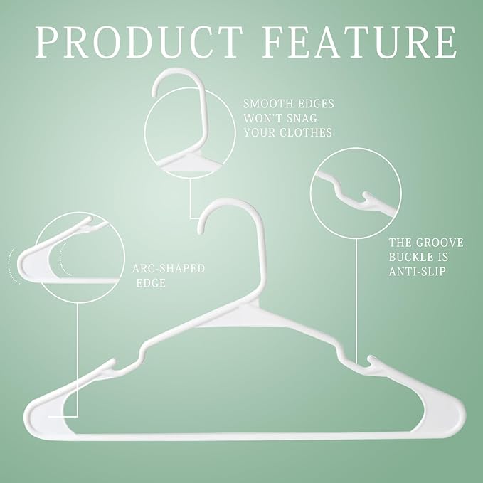 50 Pack White Plastic Clothes Hangers with Shoulder Grooves, Durable Space Saving Adult Clothing Hanger for Coat Shirt Skirt Dress, Light Weight Closet Organizer for Home College Dorm Laundry