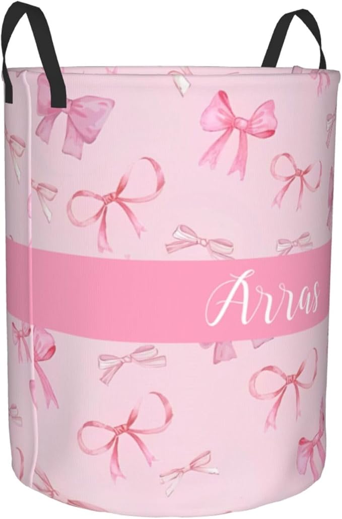Personalized Laundry Basket for Nursery, Custom Nursery Laundry Hamper with Name, Customize Baby Clothes Circular Hamper for Boys Girls Room Decor, Pink Bows