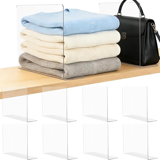 Shelf Dividers for Closet Organization: 12" Tall x 12" Deep Acrylic Shelf Dividers for Clothes Sweater Purse - Clear Closet Organizers and Storage Separators for Shelves, 8Pack
