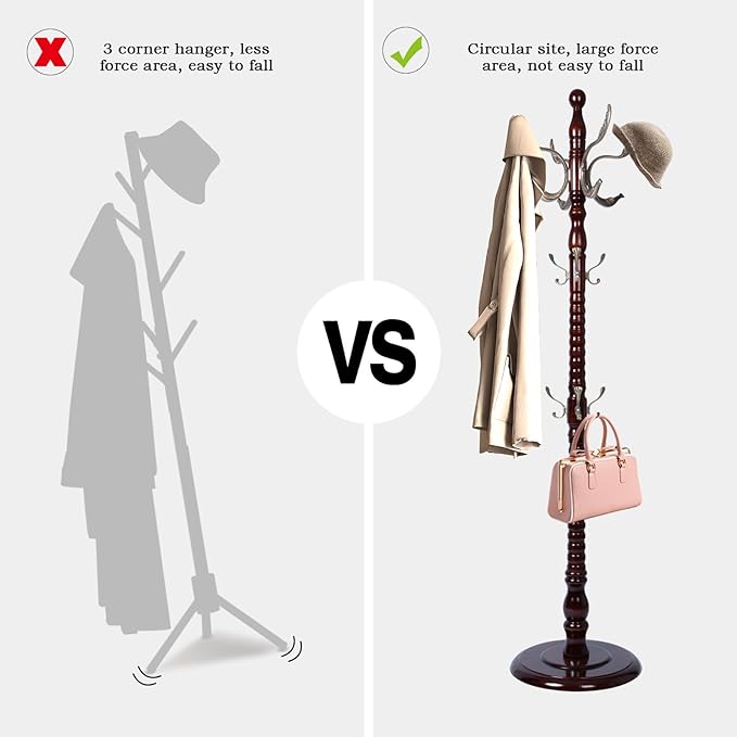 Coat Rack Freestanding, Wooden Tree Coat Rack Stand with 2 Adjustable Sizes Coat Tree and 14 Hooks, Sturdy Hall Tree with Solid Round Base for Entryway, Hallway, Bedroom (Reddish Brown-Metal Hook)
