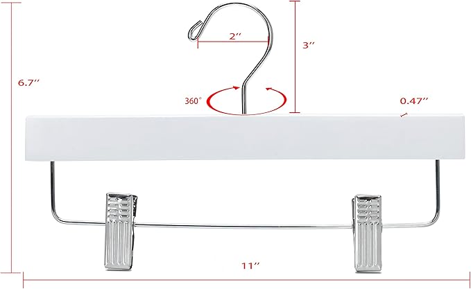 Quality 11 Inches Kids Wooden Pants Hangers 80 Pack - Skirt Hangers with Adjustable Metal Clips 360° Swivel Chrome Hook & Nonslip Notches- Ideal for Clothes Size 8 and Smaller (White, 80)