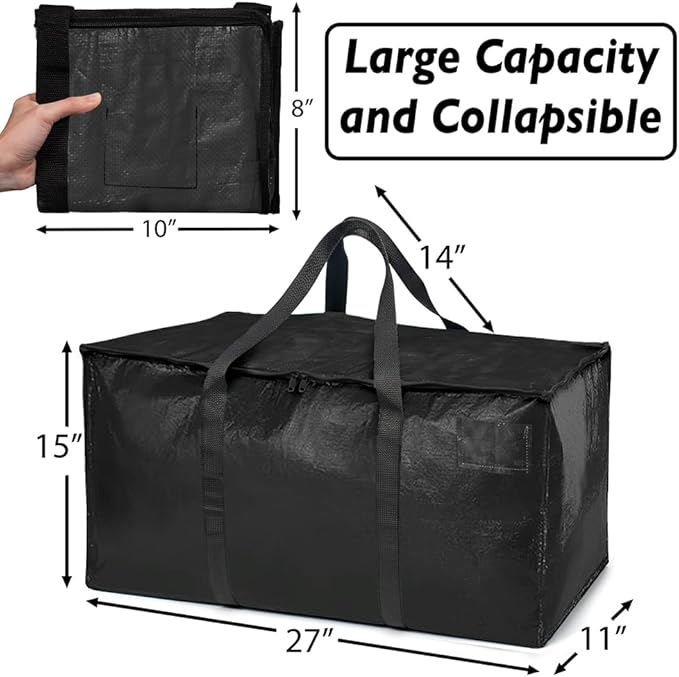 ClearSpace Heavy Duty Moving Bags or Storage Bags – Black Storage Bins with Lids, Large Moving Boxes with Backpack Straps & Zippers,– Packing Box & Moving Supplies for College Dorm, 6 Pack