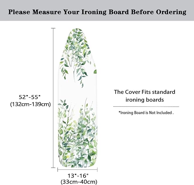 Green Leaves Ironing Board Cover and Pad Standard Full Size Iron Covers with Hook and Loop with Elastic Edge Scorch and Stain Resistant Thick Padding