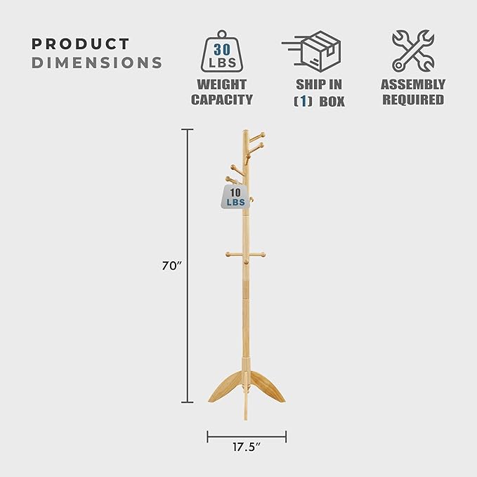 Lexicon Sturdy Solid Wood Coat Rack Stand with 11 Hanging Hooks for Hats,Scarves, Handbags, 7-Tier Wooden Coat Rack Freestanding Tree Used in Bedroom, Entryway, Hallway, Office, Natural