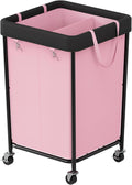 Chrislley 160L Laundry Hamper with Wheels, 2 Section Large Laundry Basket with Removable Bag, Steel Frame Dirty Clothes Hamper, Rolling Laundry Cart for Bedroom, Bathroom, Dorm, Hotel, Pink