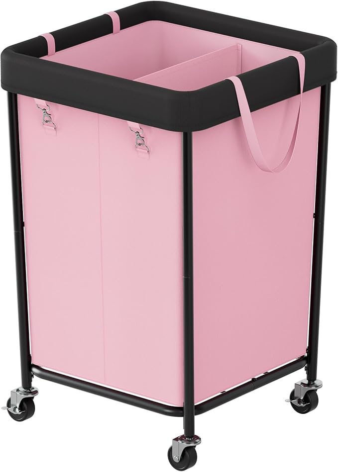 Chrislley 160L Laundry Hamper with Wheels, 2 Section Large Laundry Basket with Removable Bag, Steel Frame Dirty Clothes Hamper, Rolling Laundry Cart for Bedroom, Bathroom, Dorm, Hotel, Pink