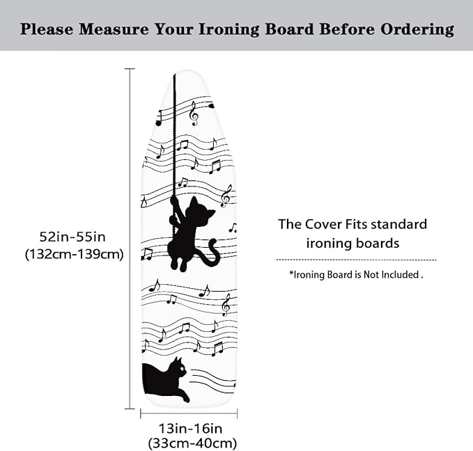 SEANATIVE Black Cat Ironing Board Cover Musical Notes Ironing Decor Accessories, Iron Pad Covers with Elastic Edge, Stretch Fit