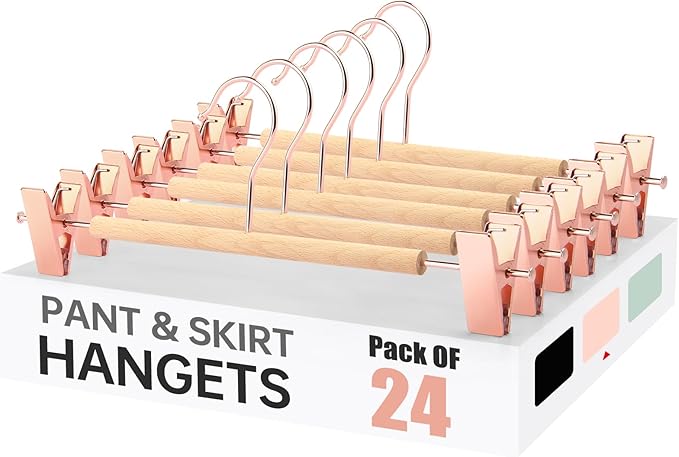 Wooden Pants Hangers with Clips 24 Pack, Heavy Duty Adjustable Clip Non Slip Skirt Hanger for Jeans, Trousers, Short, Clothes, Space Saving Closet Organizer (Rose Gold, 24 Pack)