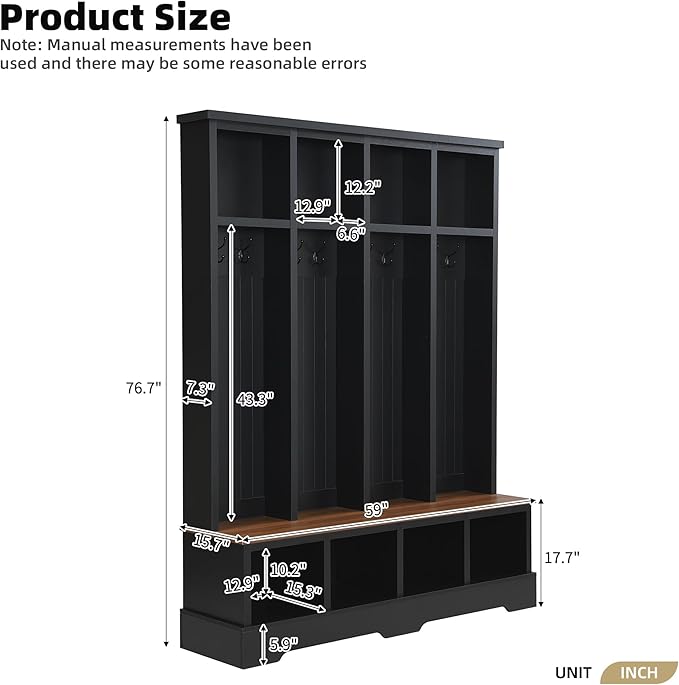 Farmhouse 59" Wide Hall Tree with 8 Hanging Hooks, Wood Grain Bench with Open Compartments, 76.7" H Entryway Shoe Rack Coat Hanger for Living Room Mudroom Hallway (Black-8.26)