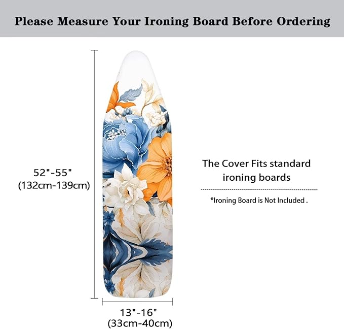 Flashideas Flower Ironing Board Cover and Pad 15x54 Inch Standard Ironing Board Cover with Elastic Edge and Hook and Loop Fasteners Scorch and Stain Resistant Cotton