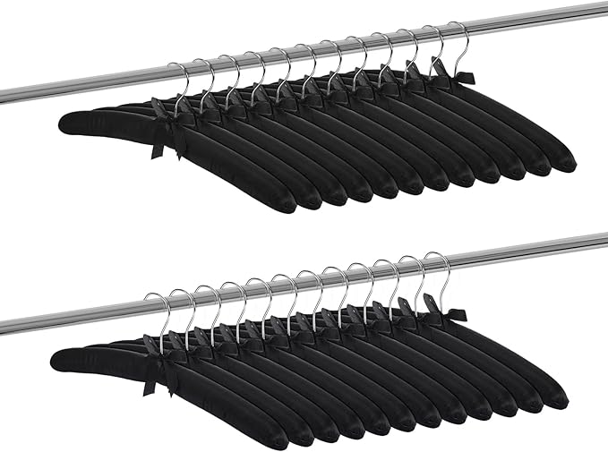Jetec 12 Pieces Satin Padded Hangers for Women Clothing 15 Inch Satin Hangers 360° Swiveling Hook Sponge Shoulder Padded Hanger for Sweaters, Coat, Blouse, Wedding Dress, Women Cloths (Black)