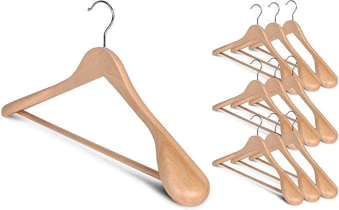 StorageWorks Wooden Hangers 10 Pack, Extra Wide Shoulder Wood Coat Hanger for Coats, Shirts, Jackets, Pants, Suits, Natural Wood Color