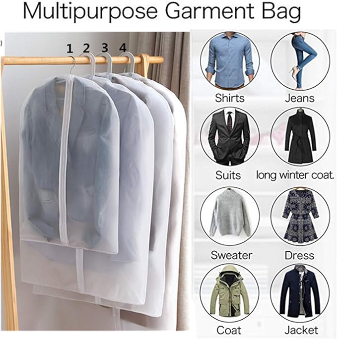 Clear Hanging Garment Bag With Study Zipper Plastic Clothing Dust Cover Closet Suit Protector Storage Bags White 4pcs