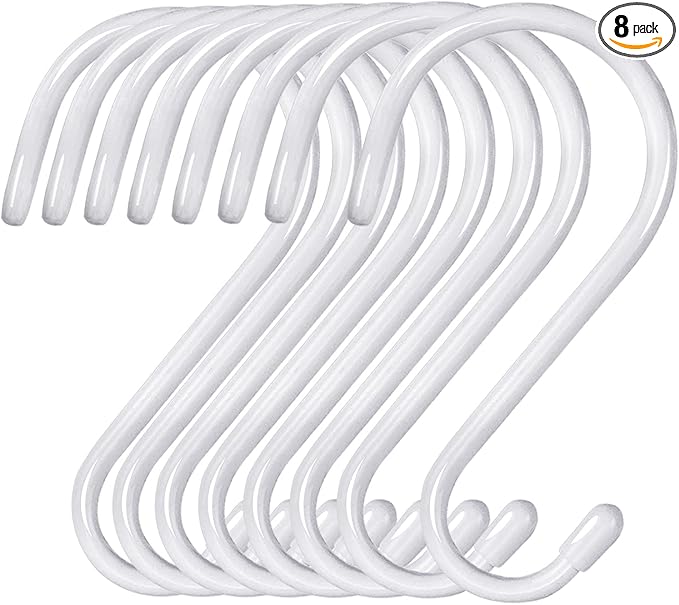 HiGift 8 Pack 6 inch White S Hooks for Hanging, Large Vinyl Coated Metal S Hooks Heavy Duty, Non Slip Rubber Coated Closet Rod Hooks for Hanging Jeans,Plants,Purse,Clothes,Bags,Pans,Pots,Cups,Towels