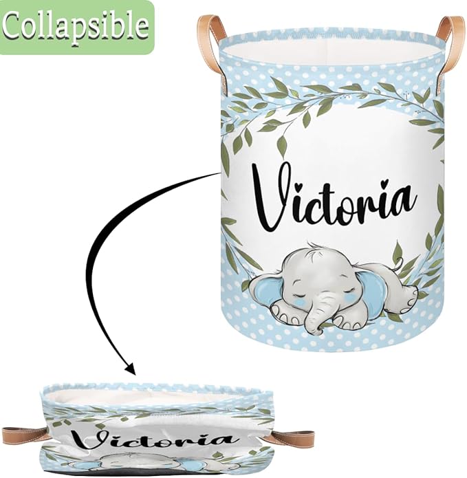 Personalized Laundry Basket, Custom Gift Laundry Hamper, Collapsible Nursery Waterproof Laundry Baskets, Dirty Clothes Toy Hamper with Handles Greenery Wreath Blue Elephant