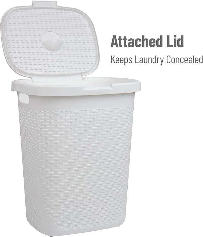 Mind Reader 50L Slim Laundry Hamper, Clothes Basket, Lid, Wicker Design, Plastic, 17.65"L x 13.75"W x 21"H, Set of 2, White
