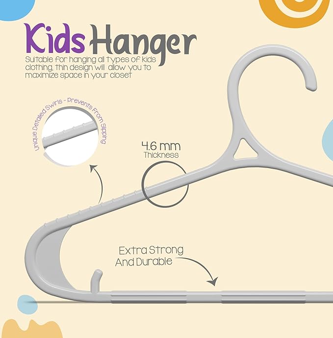 Utopia Home Kids Hangers 60 Pack - 11 Inch Plastic Baby Hangers for Closet - Childrens Hanger for Clothes & Infant Hanger for Closet - Non-Slip Shoulder Grooves, Strap Hooks & Pants Bar (Grey)
