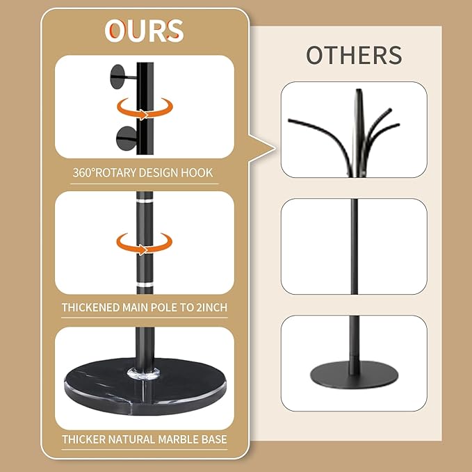 Modern Metal Coat Rack Stand with Natural Marble Base, Heavy Duty Coat Rack Freestanding with 8 Hooks, Black Standing Coat Racks Hall Tree Stand for Bag, Jacket, Entryway Office