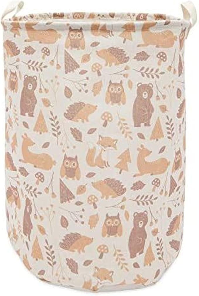Okuna Outpost Collapsible Woodland Nursery Laundry Hamper - Waterproof Canvas Storage Bin - Easy-Carry Hamper with Lid - Woodland Animal Toy Storage - 15.7 x 15.7 x 19.7 in, Multicolor