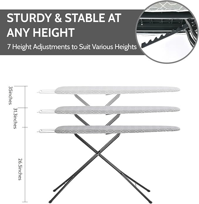 APEXCHASER Ironing Board Full Size, Iron Board with Ironrest, Lightweight Iron Table Stand Adjustable Height, Foldable Iron and Ironing Boards Set with Thick Padding, Sturdy Metal Legs, Gray 43x13