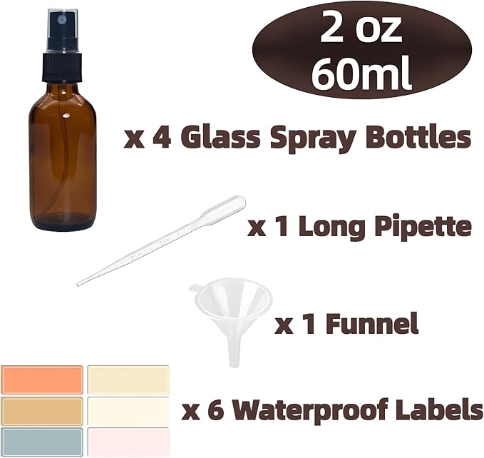 4 PACK 2 oz Amber Small Glass Spray Bottles, Empty Spray Bottle for Hair, Plants, Perfume - Fine Mist, 2oz Mini Spray Bottle