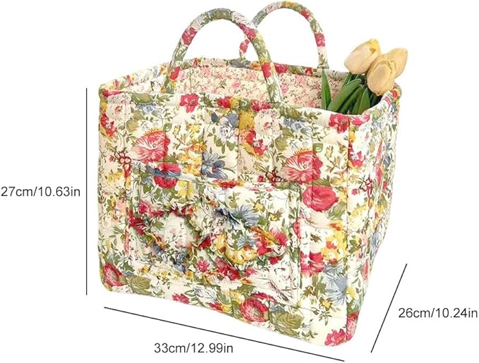 Quilted Fabric Basket Car Storage Basket Boho Floral Laundry Hamper for Nursery Bedroom & Living Room | Organize Clothes Toys