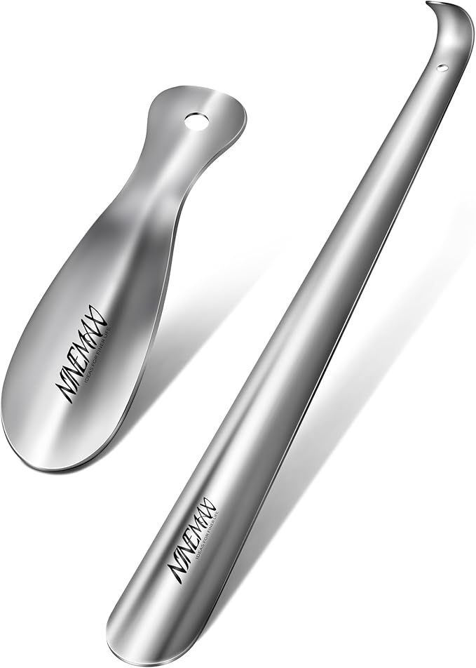 NINEMAX Shoe Horn Long Handle for Seniors Men Women, Metal Long Shoehorn Boot Horn 16.5'', Small Travel Stainless Steel Shoe Spoon Helper for Kids 7.5''
