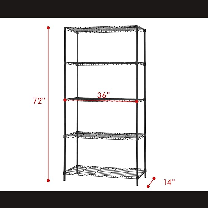 5-Tier Heavy Duty Wire Shelving Unit for Garage & Kitchen Adjustable Metal Shelf, 1250 LBS Wire Rack, Garage Shelving, Pantry Organizer, Storage Shelves, Utility Shelf, Black, 36W x 14D x 72H