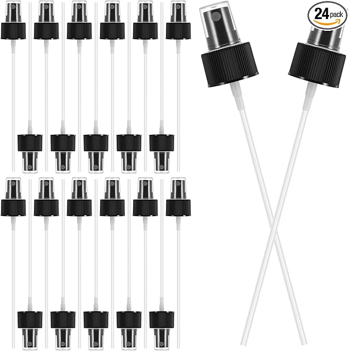 24 Pack Spray Bottle Top, Spray Bottle Nozzle Replacement, 24/410 Fine Mist Spray Caps with 5.9" Dip Tube, Plastic Sprayer Pump for Toners and Essential Oil Bottles, Home, Kitchen Black