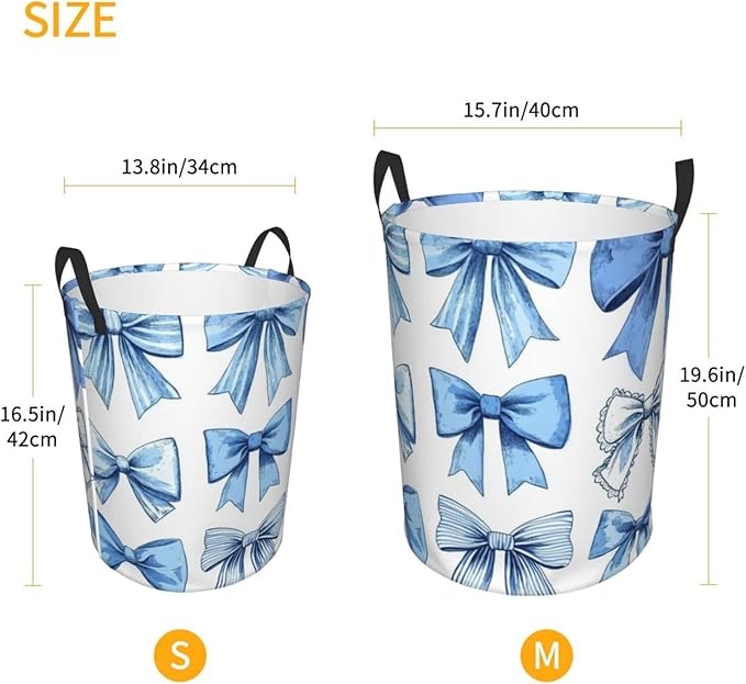 Cute Blue Bow Print Laundry Basket For Storage Bins Gift Baskets Bedroom Clothes Hamper