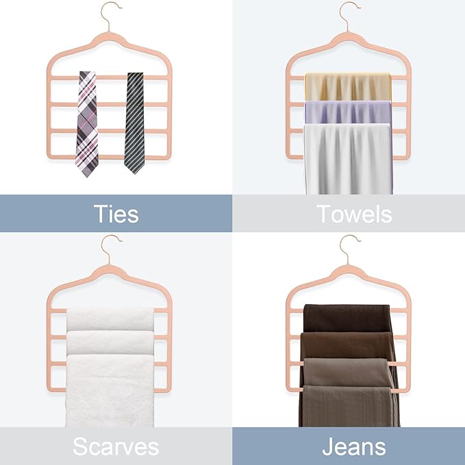 Tinfol Velvet Pants Hanger Space Saving with Hook, 6pc 4 Layers Non-Slip Jeans Hangers, Pink Multiple Clothes Hangers Closet Storage Organizer forJeans Scarf Towels Tie Towel