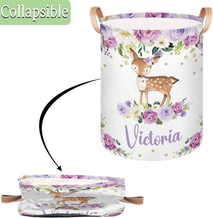 Personalized Laundry Basket, Custom Gift Laundry Hamper, Collapsible Nursery Waterproof Laundry Baskets, Dirty Clothes Toy Hamper with Handles Gold Floral Woodland Deer