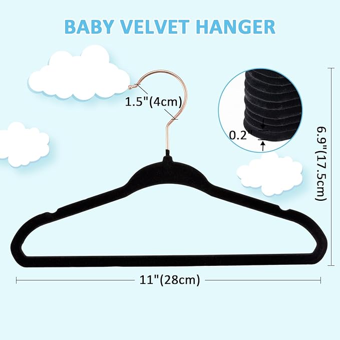 Velvet Baby Hangers 30 Pack - 11 Inch Premium Felt Non Slip Kids Hanger for Infant Toddler Clothes - 0.2" Ultra Thin Baby Clothes Hangers for Children's Closet with 10 Hanger Clips - Black