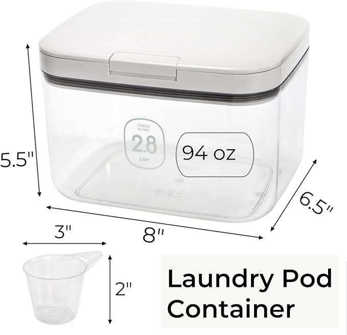 94 OZ/2.8L Laundry Pods Container, One-Press Lid Laundry Powder Holder Dispenser, Clear PET Detergent Sheet Organizer with Measuring Cup for Booster Beads, Dryer Balls, Flour, Pet Food