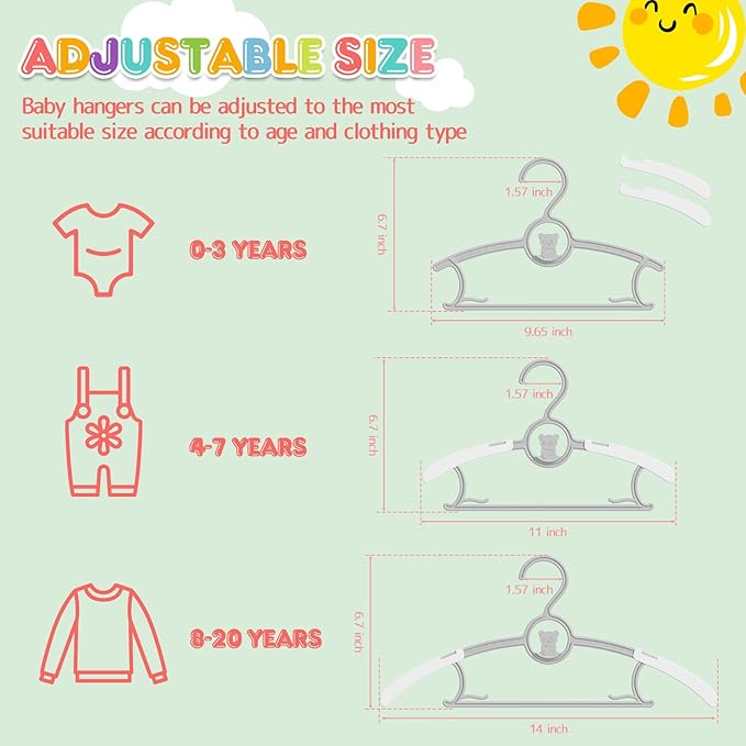 Baby Hangers, 11-14 Inch Extendable Kid Hangers, Non-Slip, Stackable, Grey, 20 Pack