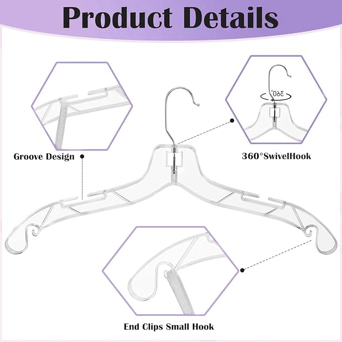 12 Pack Clear Plastic Hangers,Clear Hangers with 360 Swivel Metal Hook,Shirt Hanger Coat Hangers,Heavy Duty Hangers Dress Hangers for Clothes Shirts Dresses,16.7 Inch