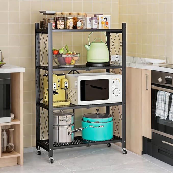 Foldable 4-Tier Metal Storage Shelf with Locking Wheels, Pre-Assembled Rolling Rack for Easy Setup, Space-Saving Organizer for Kitchen, Pantry, and Closet, 28.54" L x 14.17" W x 46.06" H