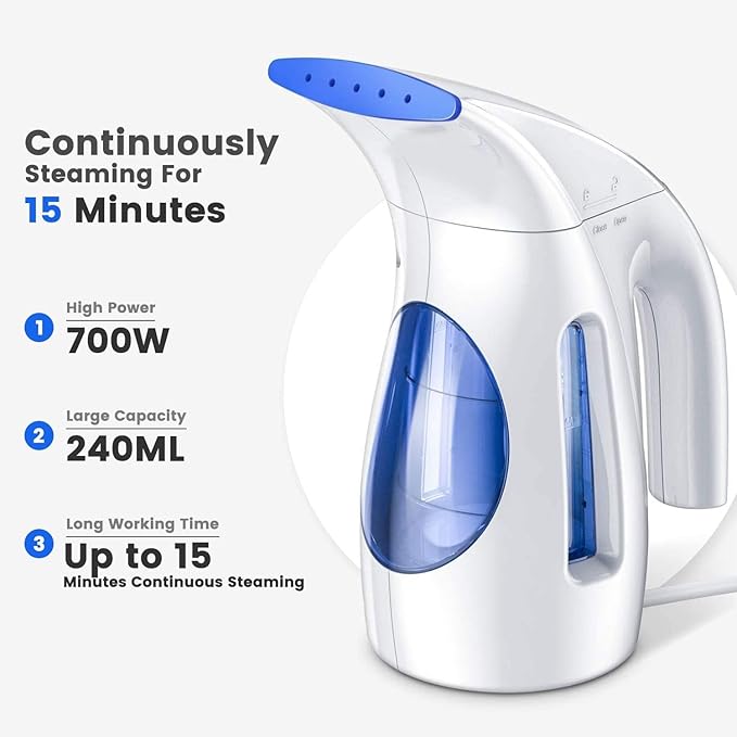 HiLIFE Steamer for Clothes Upgraded, Portable Handheld Clothing Steamer, 240ml Big Capacity, 700W, Strong Power, Fabric Quick Wrinkle Remover with Brush for Home, Office, Travel (ONLY 120V) -Blue