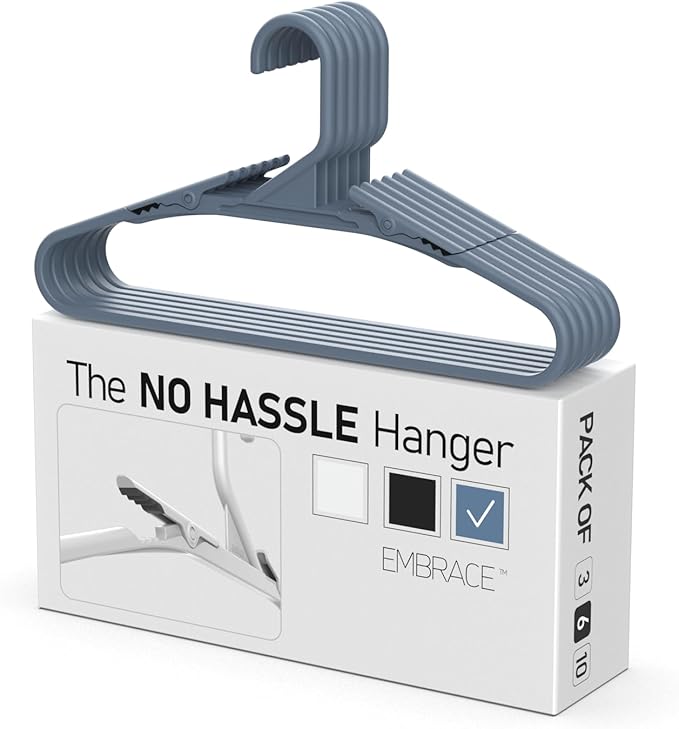 No Hassle-Hangers Best Clothes Hanger Ultra Soft Rubberized Grip Clip Keeps Garments in Place and Off The Floor. Perfect for Wide Neck Silks & Satin Tops, delicates, Athletic wear. (6, Slate Blue)