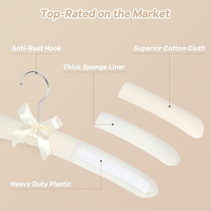 Padded Clothing Hangers - Premium Fabric Hangers for Coat, Sweater, Wedding Dress, Bride, Closet - Upgraded Heavy Duty Sweater Clothes Hanger - Pack of 10