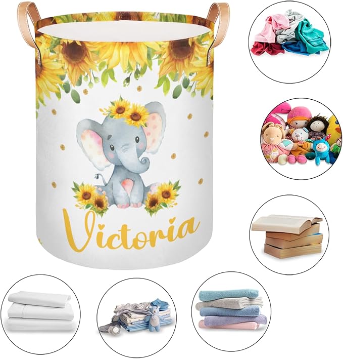 Personalized Laundry Basket, Custom Gift Laundry Hamper, Collapsible Nursery Waterproof Laundry Baskets, Dirty Clothes Toy Hamper with Handles Elephant Sunflower Floral